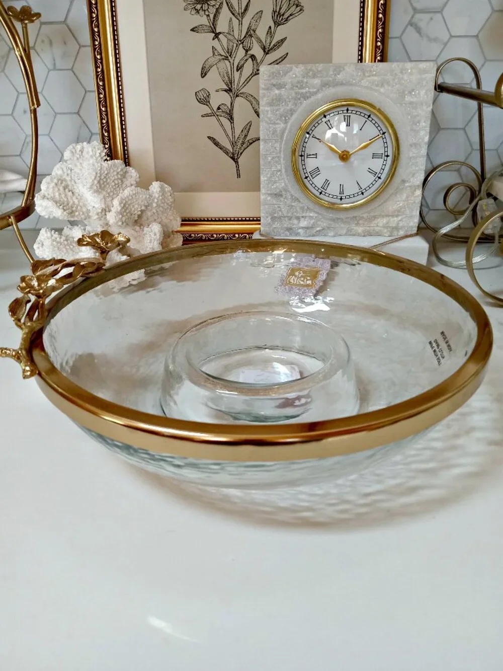 NEW! CAST METAL FLORAL & GLASS CHIP & DIP SHRIMP BOWL
